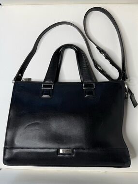 Tumi Black Leather Laptop Messenger Bag Silver Accent 43907D Vintage Business